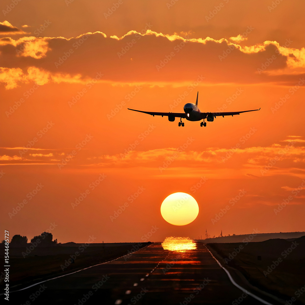 Naklejka premium airplane at sunset