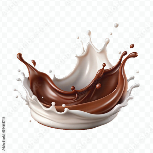 realistic 3d smooth liquid chocolate with white milk splash  in different style isolated on transparent background