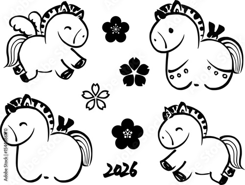 午年の年賀状用　筆書き馬のイラストセット