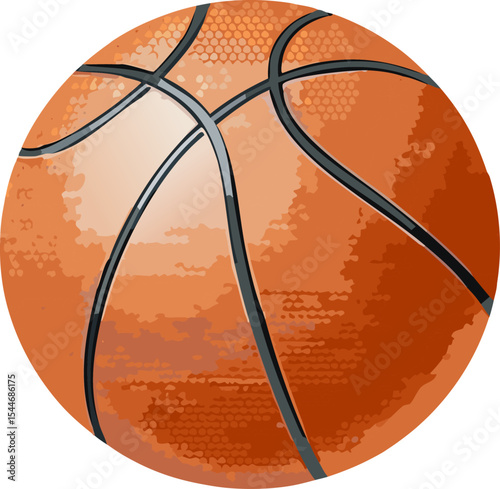 A classic basketball illustration, representing the sport with its unique orange and black design. A close-up shot captures the ball's texture and pattern