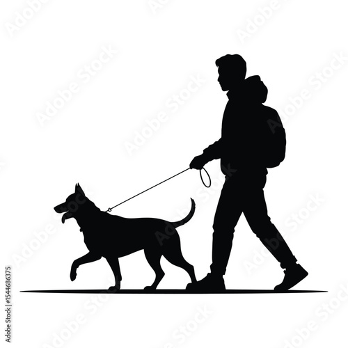 Silhouette of a person walking a dog on a leash representing outdoor activity and pets
