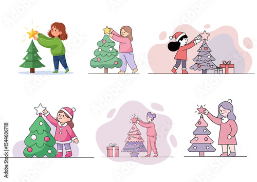 Girl placing a star on top of a Christmas tree in a joyful holiday illustration with copy space