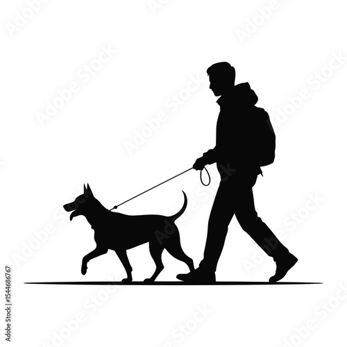 Silhouette of a person walking dog with leash black and white illustration concept