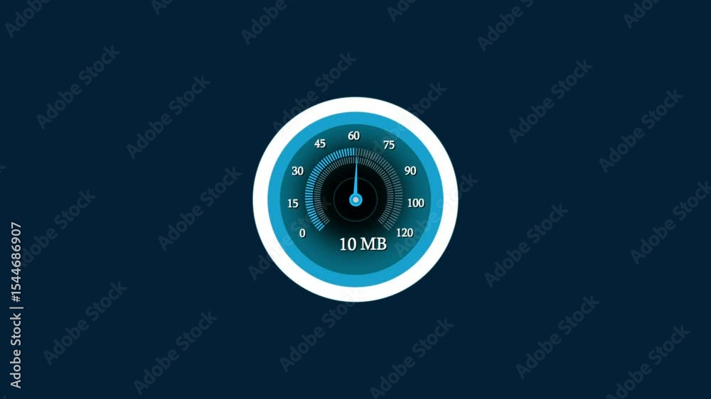 Animation of an internet speed meter, displaying fluctuating download and upload speeds, ideal for tech, networking, or performance-related projects