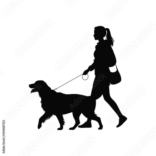 Silhouette of a woman walking her golden retriever dog on a leash isolated