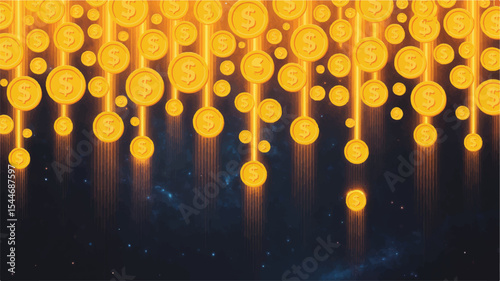 Rain of Riches: Animated golden coins cascade downwards, symbolizing wealth and financial abundance. The celestial background adds a touch of wonder and prosperity to the scene.