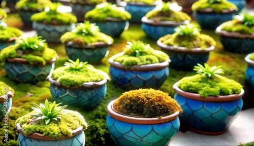 Beautiful Moss Terrariums in Artistic Blue Pottery Pots A Collection of Lush Green Miniature Gardens