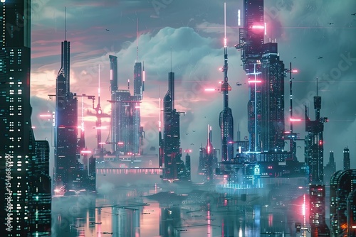 High Quality Image of Cyberpunk City with Tall Futuristic Skyscrapers and Towers