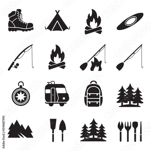 Outdoor adventure icons silhouette isolated on white background. Outdoor Camping and Adventure Icons Set. Hiking, Fishing, RV Travel, Nature Exploration, Wilderness Gear Black Glyphs
