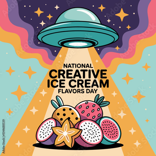 National Creative Ice Cream Flavors Day Vector with Fruit Toppings and Retro Colorful Background