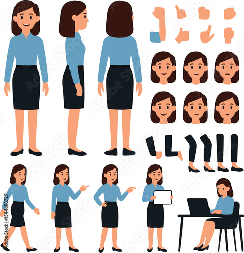Young Casual Business Woman Character Constructor – Front, Side, Back Views and Editable Pose Set