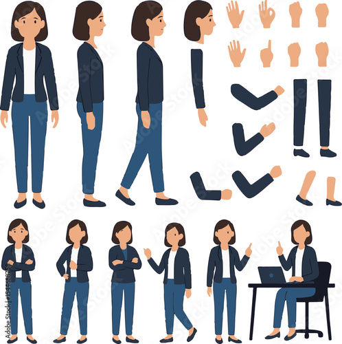 Young Casual Business Woman Character Constructor – Front, Side, Back Views and Editable Pose Set