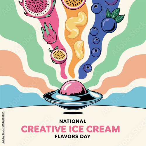 National Creative Ice Cream Flavors Day Vector with Fruit Toppings and Retro Colorful Background