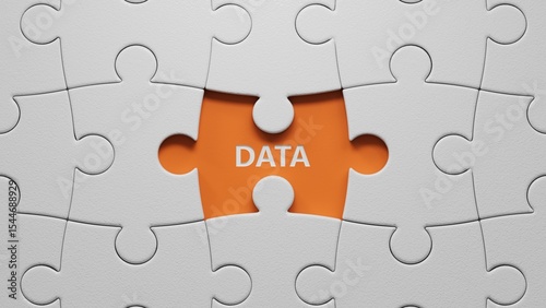data.The white puzzle pieces with missing pieces spelling.Flat lay view from above on The white puzzle pieces with missing pieces buttons.IT technology concept.3D rendering on orange background.