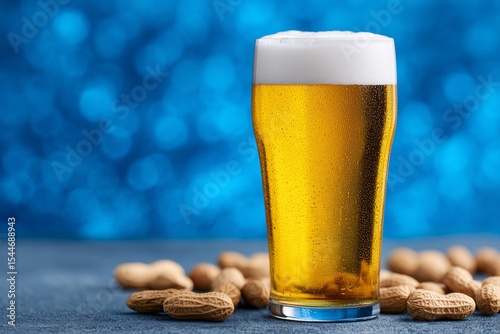 beer glass with foam, peanuts on blue backdrop, fresh lager and snack party setup