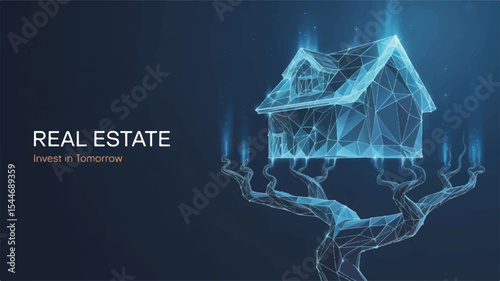 Real Estate Digital House Concept: A captivating visual narrative. A glowing digital rendering of a house in blue tones, symbolizing property investment.