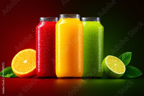 fruit juice bottles, citrus flavors with drops, colorful vitamin drink and refreshment concept