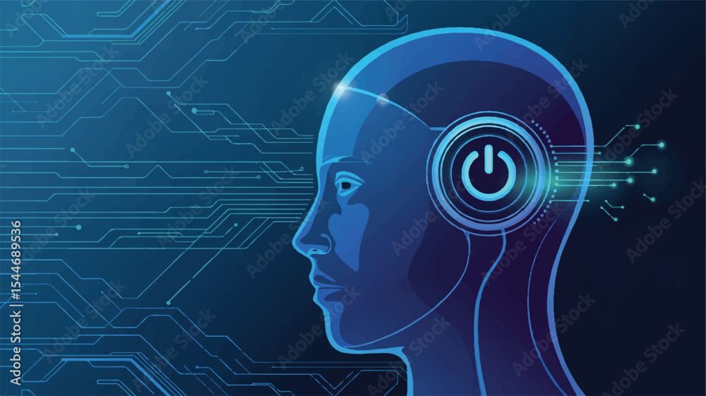 Obraz premium Artificial Intelligence Awakening: A stylized profile of a female head, featuring a glowing power button, symbolizes the awakening of artificial intelligence.