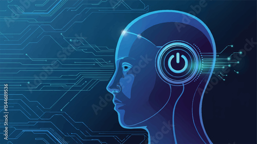 Artificial Intelligence Awakening: A stylized profile of a female head, featuring a glowing power button, symbolizes the awakening of artificial intelligence.
