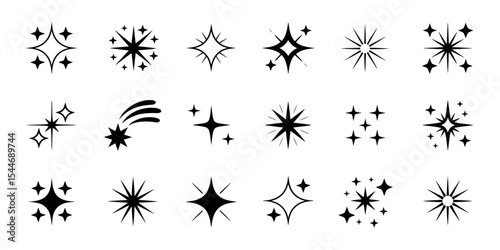 Set of Hand Drawn Star and Sparkle Icons. Celestial Decorative Elements
