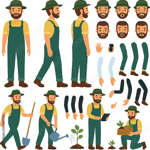 Farmer or Gardener Character Constructor – Front, Side, Back Views with Poses & Tools for Custom Design