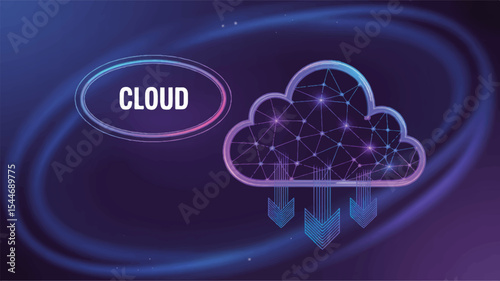 Cloud Computing Network: Abstract illustration of a cloud computing network with data transfer, showcasing interconnected nodes and downloading arrows.