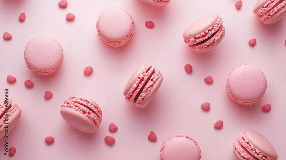 Obraz premium Pink Macarons And Sprinkles Scattered Across Pastel Pink Surface For Sweet Dessert Flatlay And Confectionery Styling