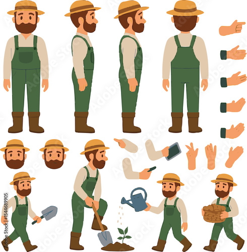Farmer or Gardener Character Constructor – Front, Side, Back Views with Poses & Tools for Custom Design