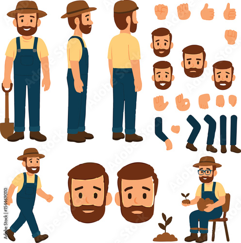 Farmer or Gardener Character Constructor – Front, Side, Back Views with Poses & Tools for Custom Design