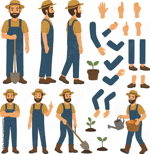 Farmer or Gardener Character Constructor – Front, Side, Back Views with Poses & Tools for Custom Design