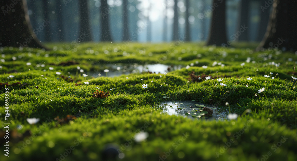 Fototapeta premium Lush Green Moss Forest with Reflection
