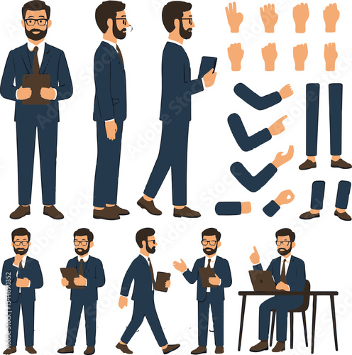 Fashionable Businessman Character Constructor – Holding Tablet with Front, Side, Back Views & Editable Poses