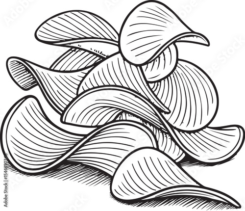 Pile of potato chips Vector Illustration, Sketch Drawing Line Linear Symbol Icon Engraving Coloring Book, Hand-drawn Black and White Isolated