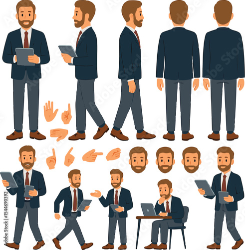 Fashionable Businessman Character Constructor – Holding Tablet with Front, Side, Back Views & Editable Poses