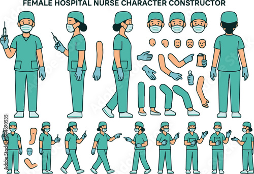 Female Hospital Nurse Character Constructor – Front, Side, Back Views with Syringe and Medical Poses