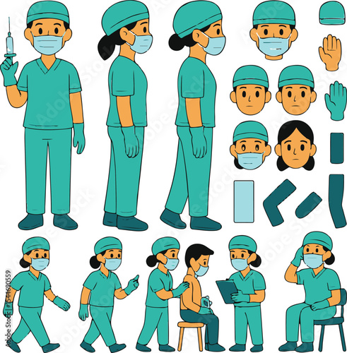 Female Hospital Nurse Character Constructor – Front, Side, Back Views with Syringe and Medical Poses