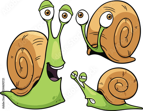 Collection of Three Funny Cartoon Snails with Expressive Faces, Cute Gastropod Characters in Various Poses, Adorable Garden Slugs with Shells, Whimsical Animal Illustration.