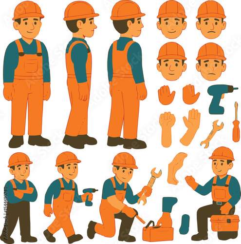 Industrial Maintenance Worker Character Constructor – Front, Side, Back Views with Tools and Work Poses