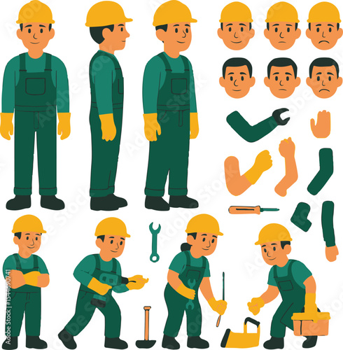 Industrial Maintenance Worker Character Constructor – Front, Side, Back Views with Tools and Work Poses