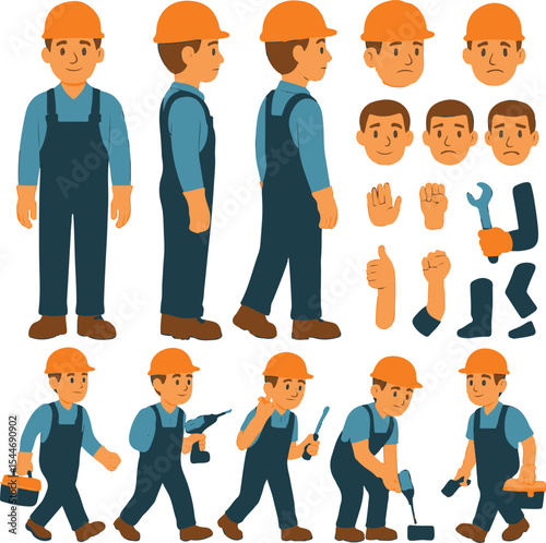 Industrial Maintenance Worker Character Constructor – Front, Side, Back Views with Tools and Work Poses