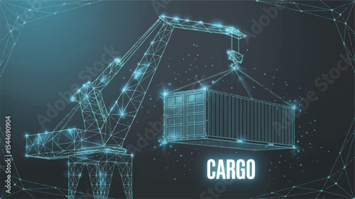Cargo Container Lift: A low poly aesthetic illustration of a crane lifting a cargo container. Evoking the essence of global trade and logistics.