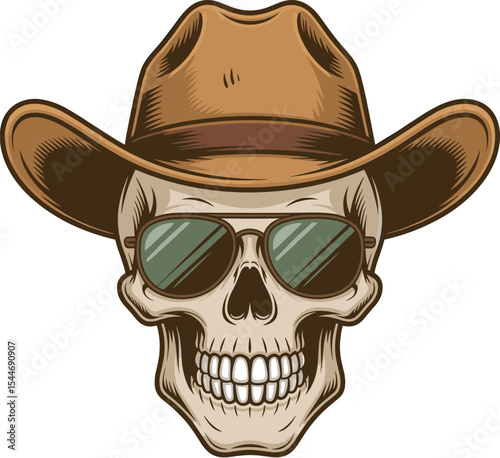 Cool Cartoon Skull Wearing Brown Cowboy Hat and Stylish Sunglasses, Western Outlaw Skeleton Character Illustration, Rustic Wild West Icon, Unique Biker or Rebel Design, Isolated on White Background.