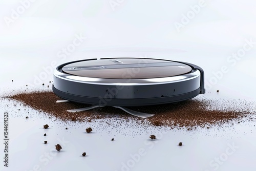 high resolution picture of Modern robot vacuum cleaner and dirt on white background