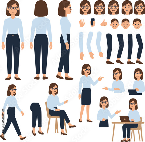 Young Casual Business Woman Character Constructor – Front, Side, Back Views and Editable Pose Set