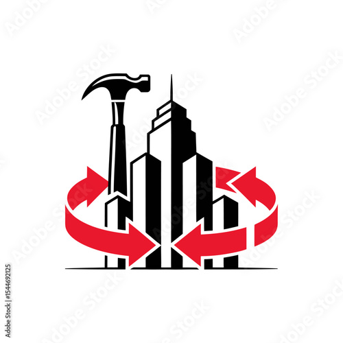 Hammer and building with arrows logo