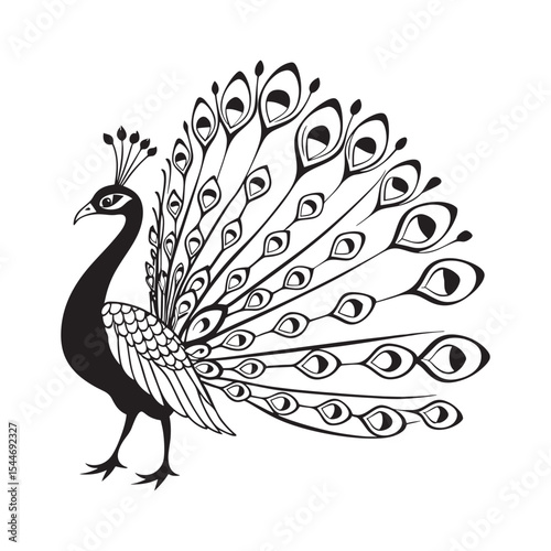 The image is a black and white silhouette of a peacock, proudly displaying its elaborate, fan-like tail feathers adorned with eye-like patterns, along with its elegant neck and crested head.