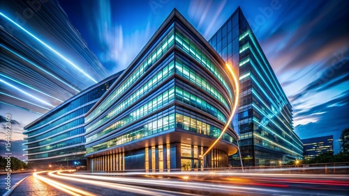 Modern Office Buildings with Light Trails