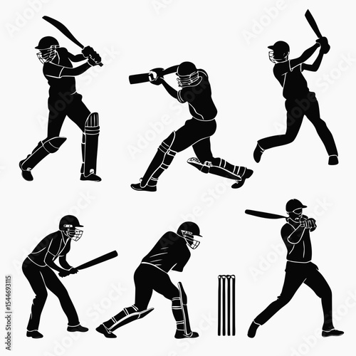 Cricket Player Silhouettes Vector Set in Action Poses