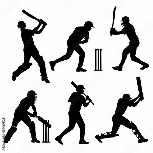 Cricket Player Silhouettes Vector Set in Action Poses