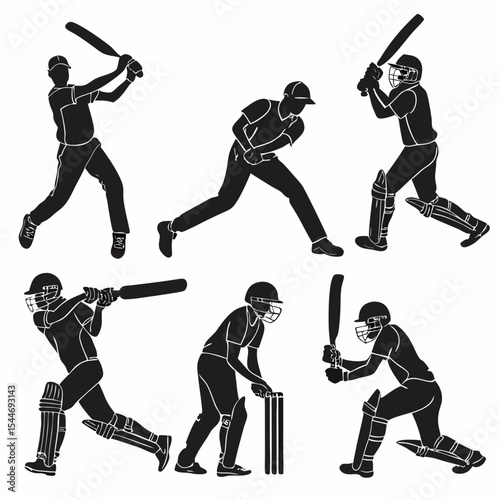 Cricket Player Silhouettes Vector Set in Action Poses
